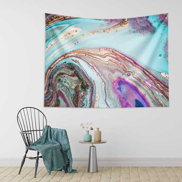 Ebru Esintili Turkuaz Mor Altın Dokulu Duvar Örtüsü Kumaş Baskı 11787