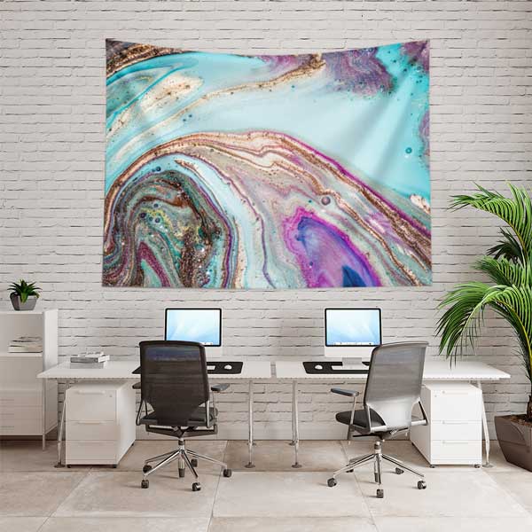 Ebru Esintili Turkuaz Mor Altın Dokulu Duvar Örtüsü Kumaş Baskı 11787