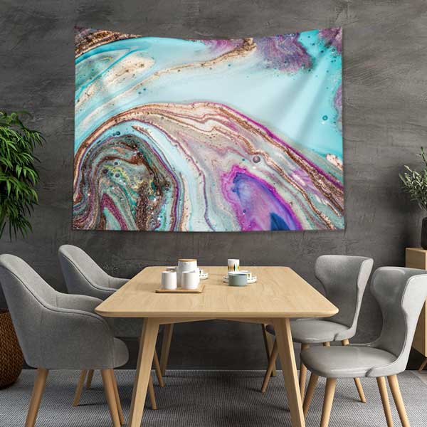 Ebru Esintili Turkuaz Mor Altın Dokulu Duvar Örtüsü Kumaş Baskı 11787