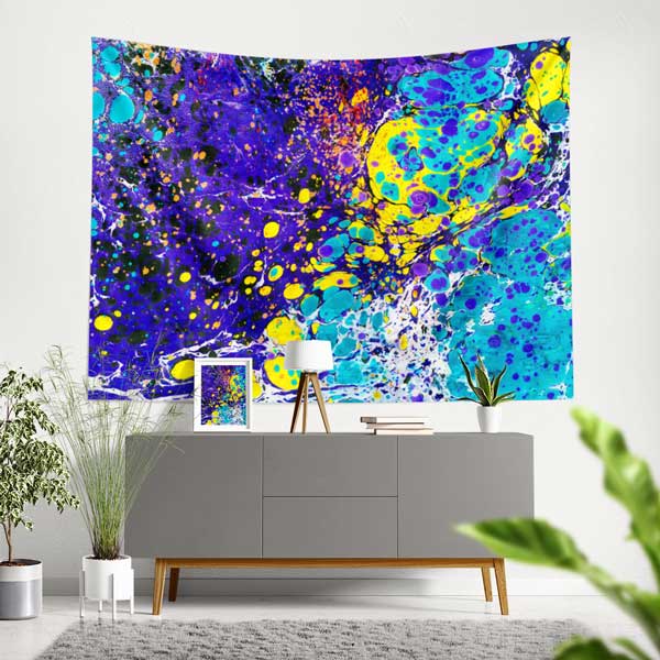 Mor Turkuaz Sarı Soyut Ebru Desenli Duvar Örtüsü Kumaş Baskı 11793