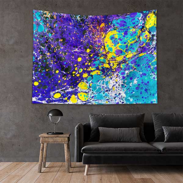 Mor Turkuaz Sarı Soyut Ebru Desenli Duvar Örtüsü Kumaş Baskı 11793