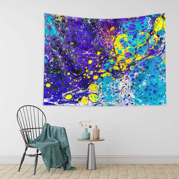 Mor Turkuaz Sarı Soyut Ebru Desenli Duvar Örtüsü Kumaş Baskı 11793