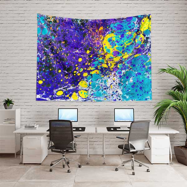 Mor Turkuaz Sarı Soyut Ebru Desenli Duvar Örtüsü Kumaş Baskı 11793