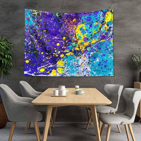 Mor Turkuaz Sarı Soyut Ebru Desenli Duvar Örtüsü Kumaş Baskı 11793