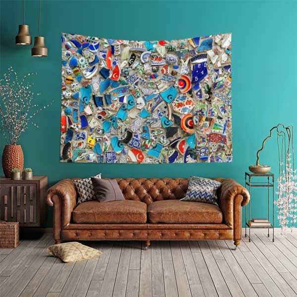 Çini Mozaik Kolaj Desenli Duvar Örtüsü Kumaş Baskı 11795