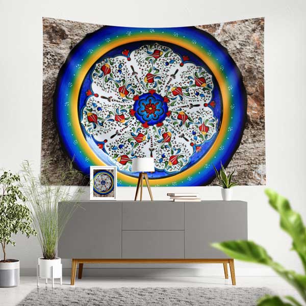 Dairesel Çini Motifli Mandala Desen Duvar Örtüsü Kumaş Baskı 11798