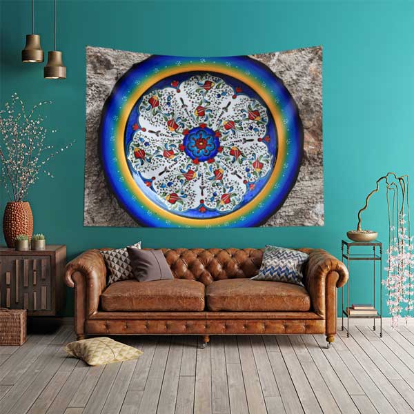 Dairesel Çini Motifli Mandala Desen Duvar Örtüsü Kumaş Baskı 11798