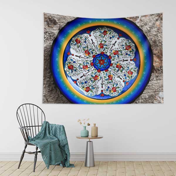 Dairesel Çini Motifli Mandala Desen Duvar Örtüsü Kumaş Baskı 11798