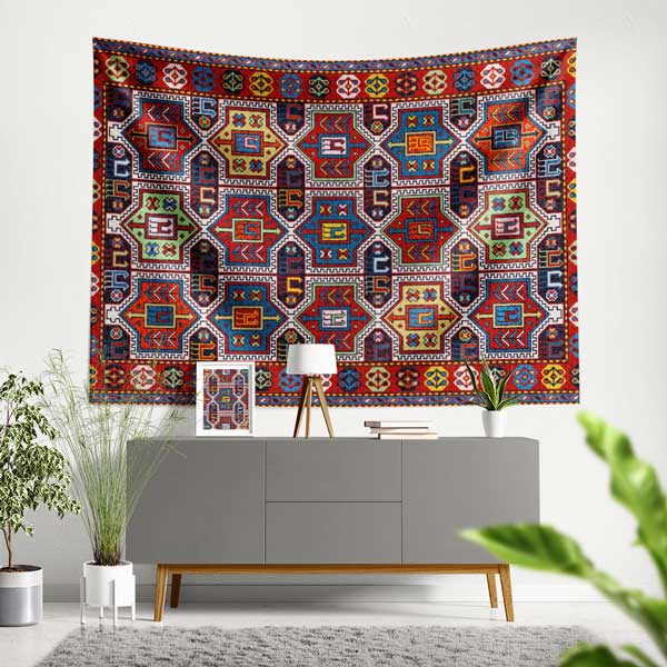 Zengin Motifli Anadolu Kilim Desenli Duvar Örtüsü Kumaş Baskı 11805