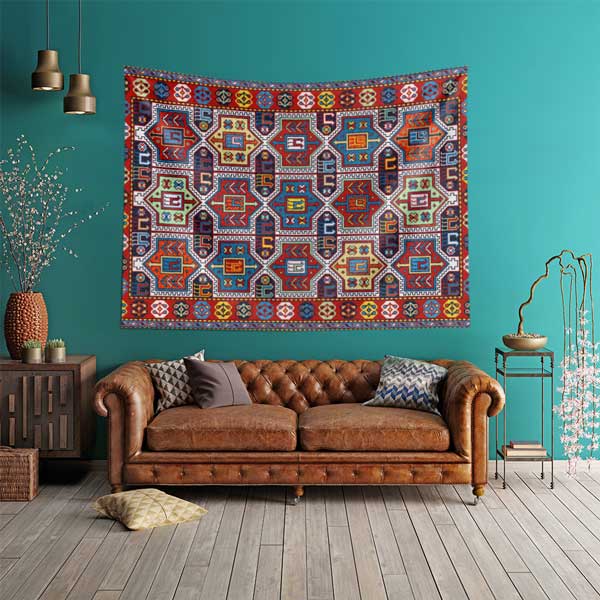 Zengin Motifli Anadolu Kilim Desenli Duvar Örtüsü Kumaş Baskı 11805