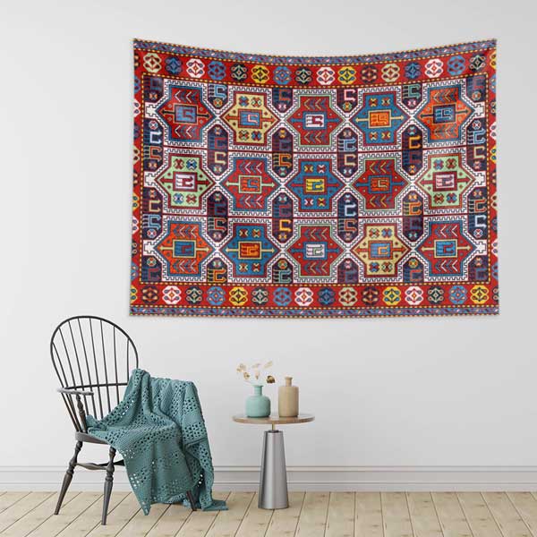 Zengin Motifli Anadolu Kilim Desenli Duvar Örtüsü Kumaş Baskı 11805