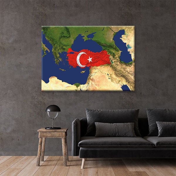 turk-bayragi-duvar-tablosu-7742-01 Türkiye Haritası Üzerinde Türk Bayrağı Kanvas Tablo Duvar Dekoru 7742