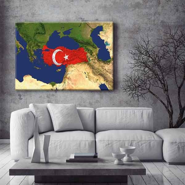 turk-bayragi-duvar-tablosu-7742-05 Türkiye Haritası Üzerinde Türk Bayrağı Kanvas Tablo Duvar Dekoru 7742