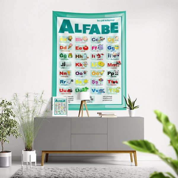 turkce-alfabe-duvar-dekor-8420-00 Eğitici Türkçe Alfabe Duvar Örtüsü - Resimli Harf Öğrenme Tablosu 8420