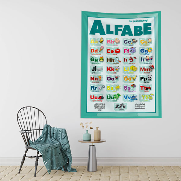 Eğitici Türkçe Alfabe Duvar Örtüsü - Resimli Harf Öğrenme Tablosu 8420