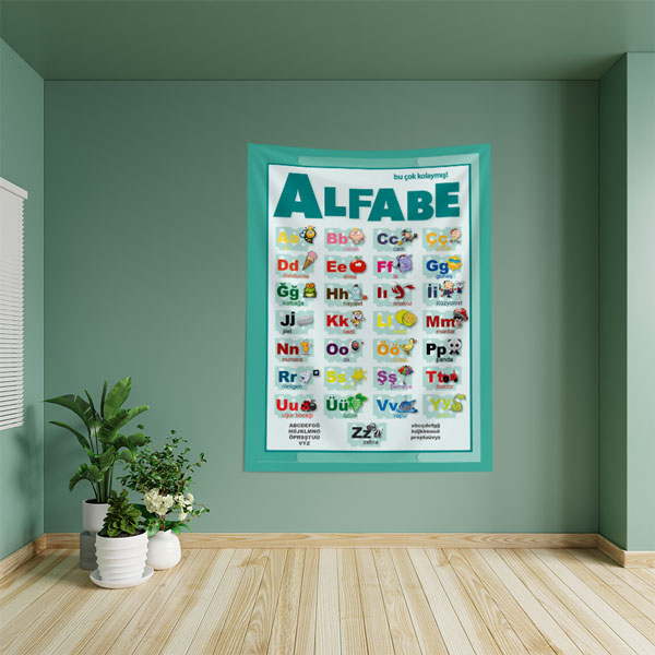 Eğitici Türkçe Alfabe Duvar Örtüsü - Resimli Harf Öğrenme Tablosu 8420
