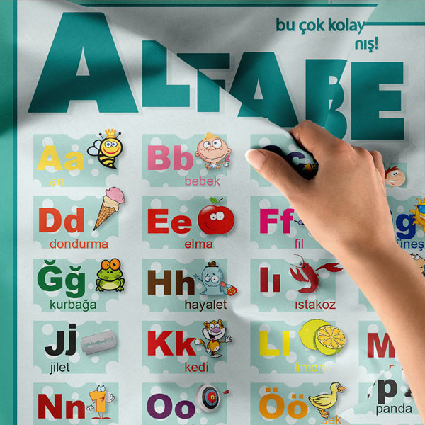 Eğitici Türkçe Alfabe Duvar Örtüsü - Resimli Harf Öğrenme Tablosu 8420