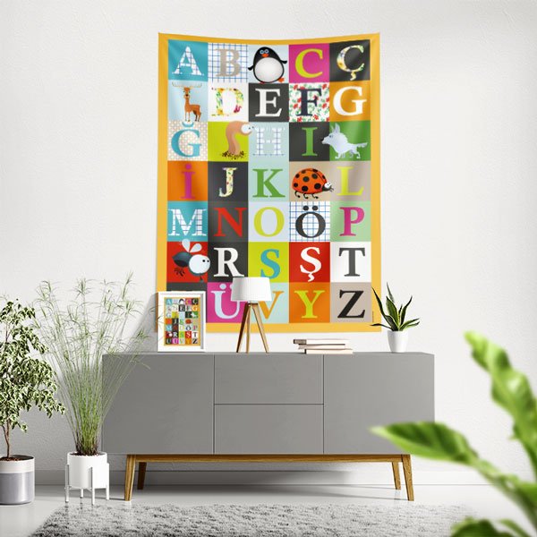 turkce-sinifi-duvar-dekoru-8419-00 Eğitici Alfabe Duvar Örtüsü - Türkçe Harfler ve Hayvan Figürleri 8419