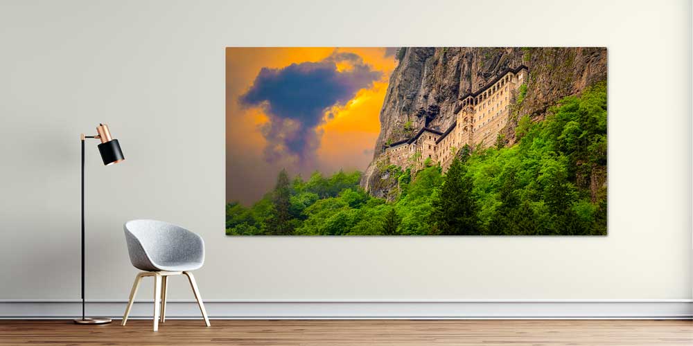 Kayalıklara Oyulmuş Tarihi Manastır ve Yeşil Vadi Panorama Büyük Ebatlı Duvar Dekoru 11953
