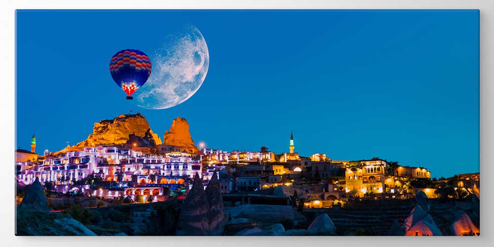 turkey-landscape-wall-decor-11937-04 Kapadokya Ay Işığı ve Balon Gece Manzarası Büyük Ebat Duvar Dekor Ürünü 11937