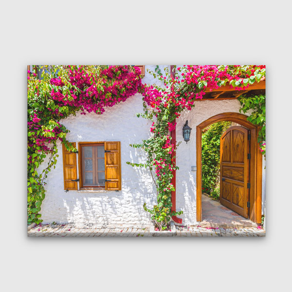 Begonvilli Taş Ev Girişi Kanvas Tablo 12016