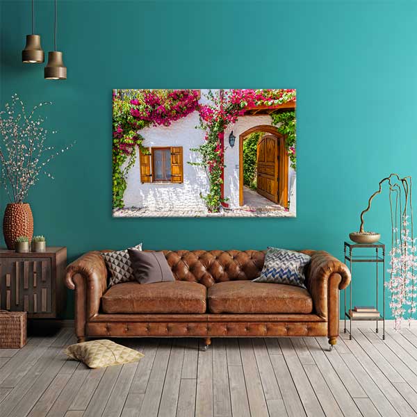 Begonvilli Taş Ev Girişi Kanvas Tablo 12016