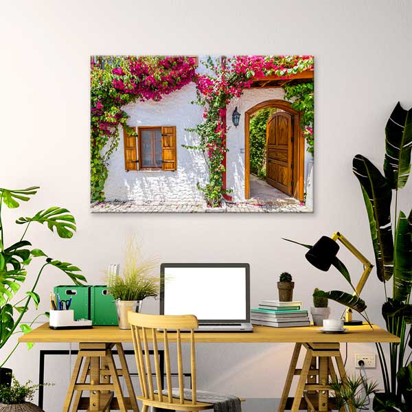 Begonvilli Taş Ev Girişi Kanvas Tablo 12016