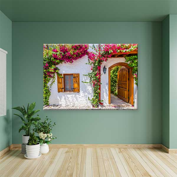 Begonvilli Taş Ev Girişi Kanvas Tablo 12016