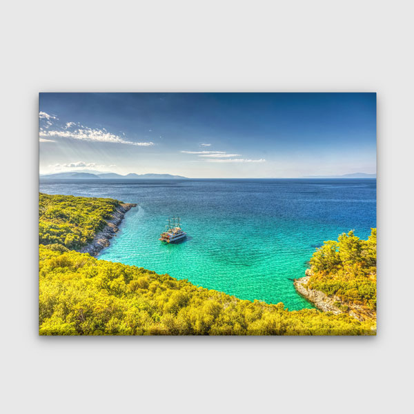 Turkuaz Koy ve Demirli Tekne Kanvas Tablo 12023