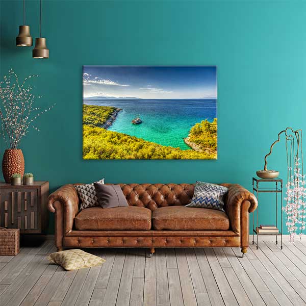Turkuaz Koy ve Demirli Tekne Kanvas Tablo 12023