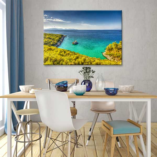 Turkuaz Koy ve Demirli Tekne Kanvas Tablo 12023