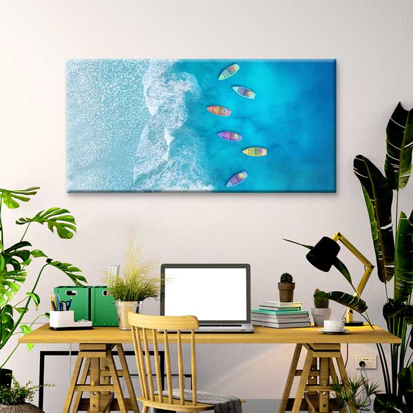 Turkuaz Denizde Renkli Tekneler Manzarası Kanvas Tablo 12045
