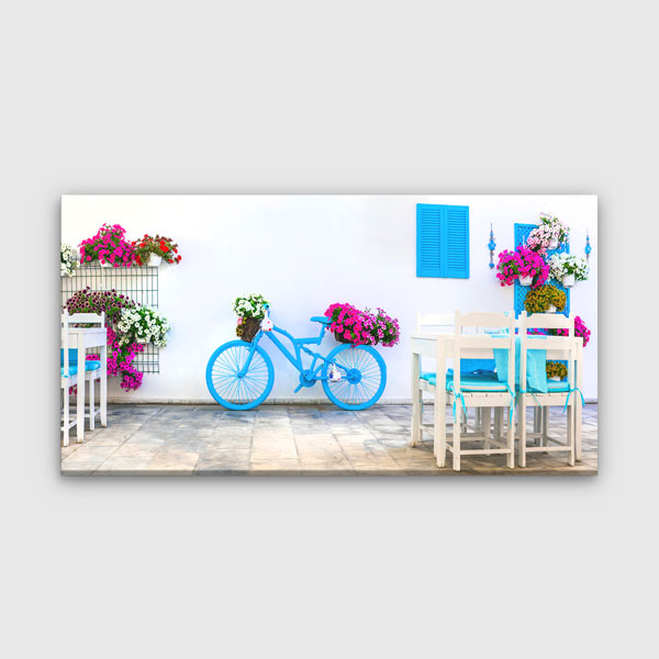 Mavi Bisiklet ve Çiçekli Sokak Manzarası Kanvas Tablo 12053