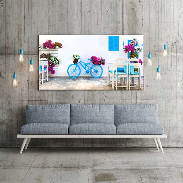 Mavi Bisiklet ve Çiçekli Sokak Manzarası Kanvas Tablo 12053