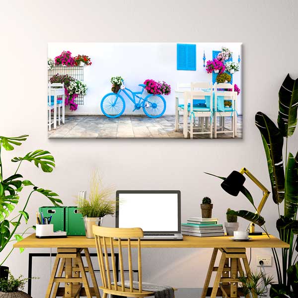 Mavi Bisiklet ve Çiçekli Sokak Manzarası Kanvas Tablo 12053