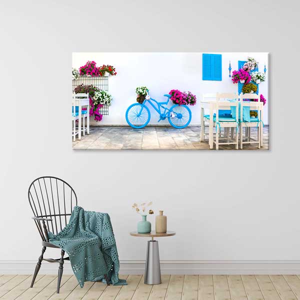 Mavi Bisiklet ve Çiçekli Sokak Manzarası Kanvas Tablo 12053