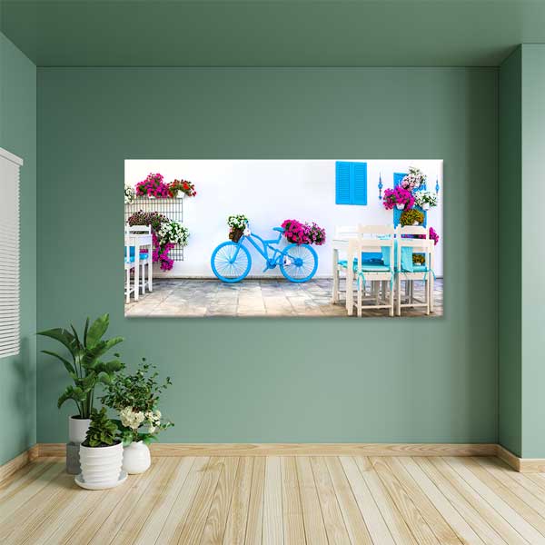Mavi Bisiklet ve Çiçekli Sokak Manzarası Kanvas Tablo 12053