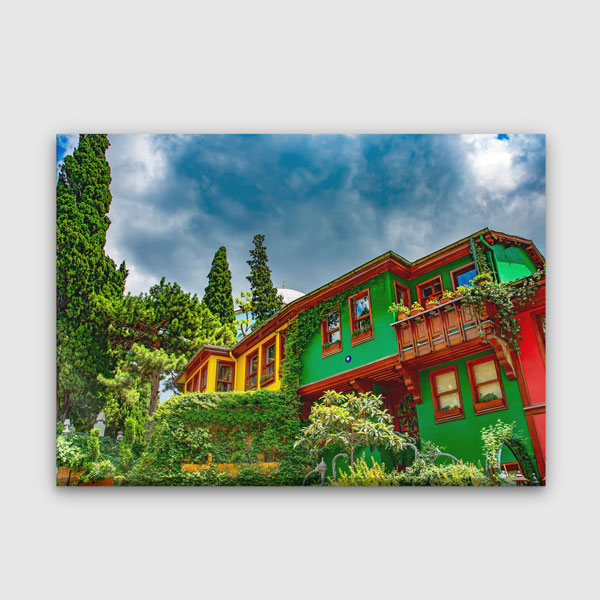 Renkli Ahşap Evler ve Doğal Doku Kanvas Tablo 12083