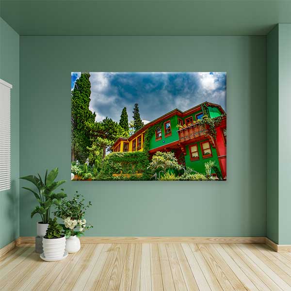 Renkli Ahşap Evler ve Doğal Doku Kanvas Tablo 12083