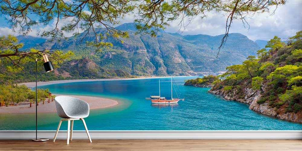 Turkuaz Koy ve Dağ Manzarası Panoramik Duvar Kağıdı 11500