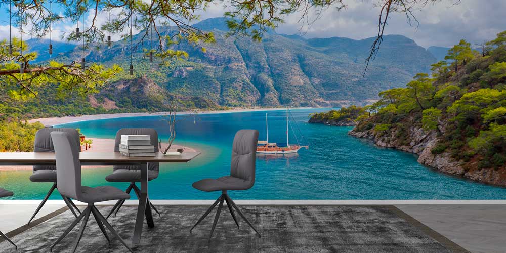 Turkuaz Koy ve Dağ Manzarası Panoramik Duvar Kağıdı 11500