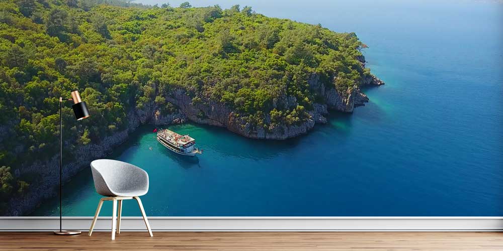 turkey-wallpaper-decor-11520-00 Üstten Bakış Turkuaz Koy ve Tekne Manzaralı Duvar Kağıdı 11520