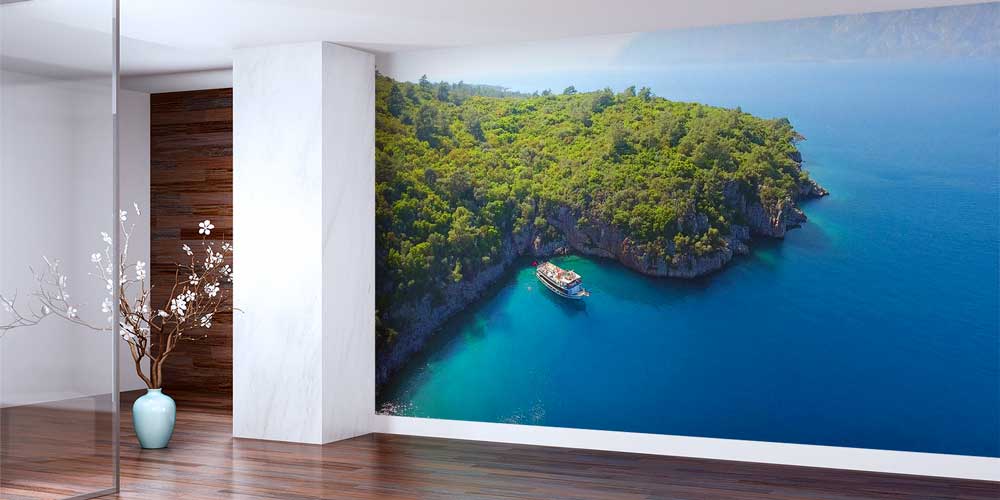 Üstten Bakış Turkuaz Koy ve Tekne Manzaralı Duvar Kağıdı 11520