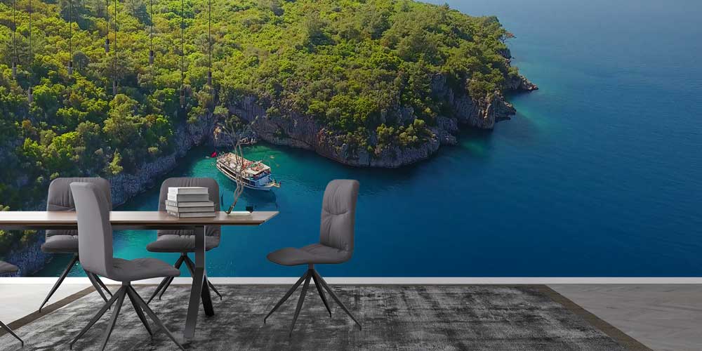 Üstten Bakış Turkuaz Koy ve Tekne Manzaralı Duvar Kağıdı 11520