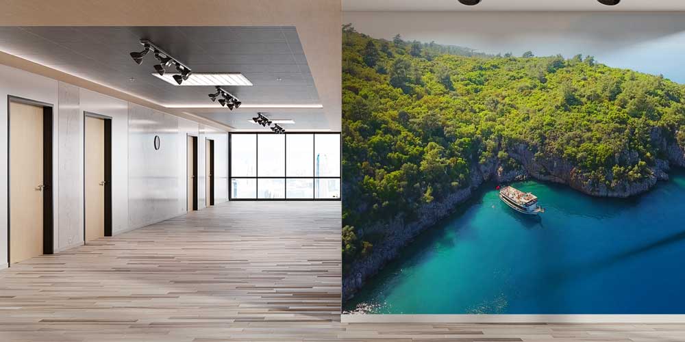 Üstten Bakış Turkuaz Koy ve Tekne Manzaralı Duvar Kağıdı 11520