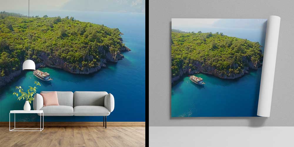 Üstten Bakış Turkuaz Koy ve Tekne Manzaralı Duvar Kağıdı 11520