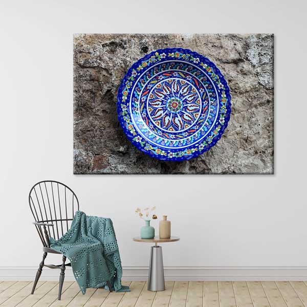 Geleneksel Türk İznik Çini Desenli Dairesel Duvar Tablosu Kanvas Tablo 12141