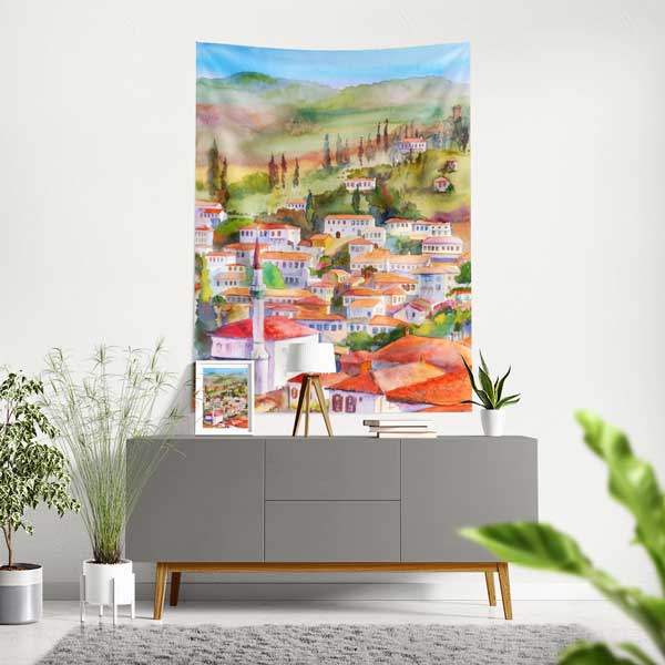 turkiye-duvar-ortusu-11815-00 Anadolu Kasabası Suluboya Duvar Örtüsü 11815