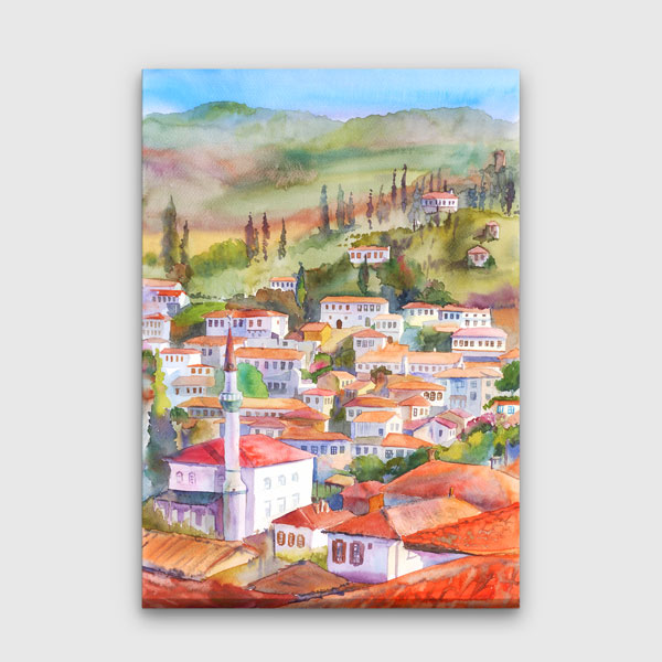 Sulu Boya Anadolu Köyü Manzarası Kanvas Tablo 12054