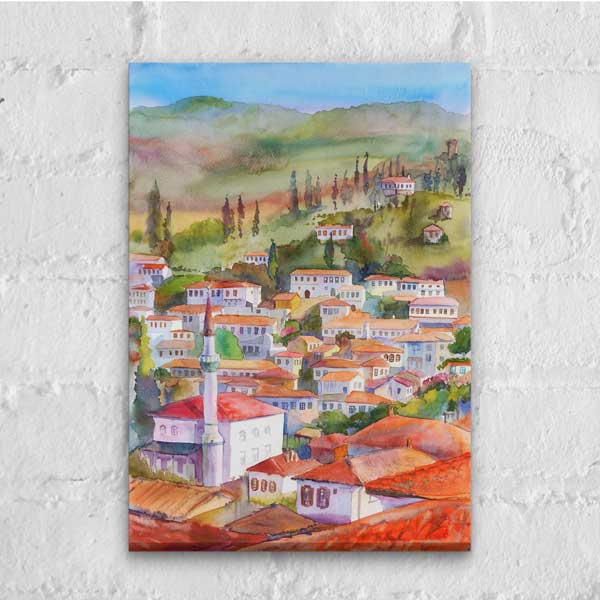 Sulu Boya Anadolu Köyü Manzarası Kanvas Tablo 12054